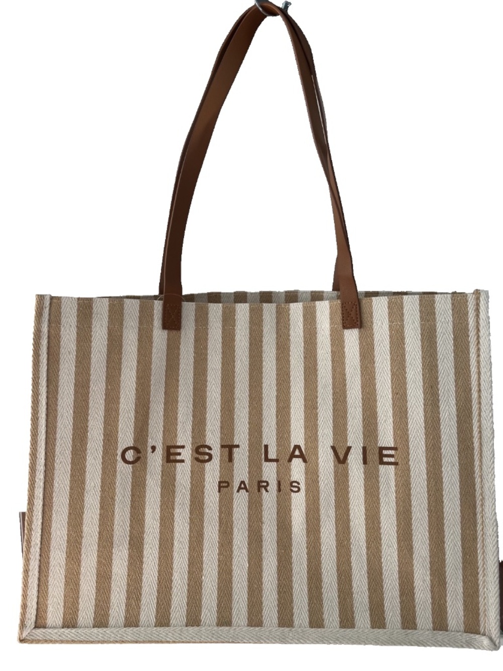 Paris French France Tote Bag Handbag Summer Purse Brown Tan C'est La Vie Stripe